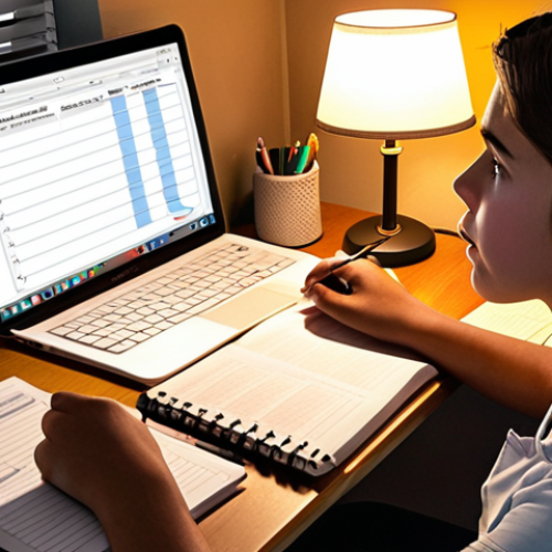 **

A student at a desk, illuminated by a warm lamp, meticulously filling out a detailed study tracker. The tracker shows columns for "Subject," "Topic," "Time Spent," "Homework Completion," "Test Score," "Understanding Level," and "Notes." Surrounding the student are textbooks and a laptop displaying a study app interface. The overall mood is focused and organized.

**