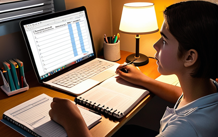 **
A student at a desk, illuminated by a warm lamp, meticulously filling out a detailed study tracker. The tracker shows columns for "Subject," "Topic," "Time Spent," "Homework Completion," "Test Score," "Understanding Level," and "Notes." Surrounding the student are textbooks and a laptop displaying a study app interface. The overall mood is focused and organized.
**