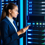 A professional female cybersecurity expert, fully clothed in a modest business suit, stands confidently in a clean, modern data center. She is reviewing server racks with softly glowing blue lights, symbolizing secure data processing and network integrity. The environment is high-tech and organized, emphasizing robust digital protection. Perfect anatomy, correct proportions, natural pose, well-formed hands, proper finger count, natural body proportions. Professional photography, high-resolution, sharp focus, vibrant colors, appropriate attire, safe for work, appropriate content, professional.