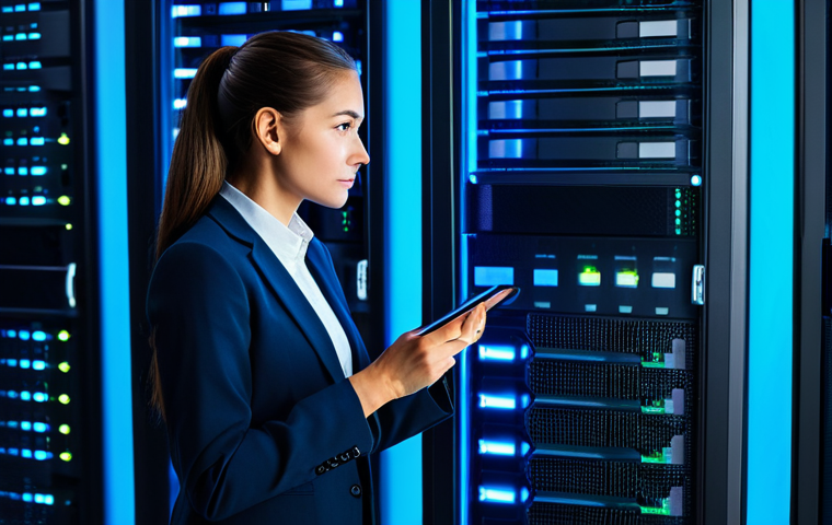 A professional female cybersecurity expert, fully clothed in a modest business suit, stands confidently in a clean, modern data center. She is reviewing server racks with softly glowing blue lights, symbolizing secure data processing and network integrity. The environment is high-tech and organized, emphasizing robust digital protection. Perfect anatomy, correct proportions, natural pose, well-formed hands, proper finger count, natural body proportions. Professional photography, high-resolution, sharp focus, vibrant colors, appropriate attire, safe for work, appropriate content, professional.