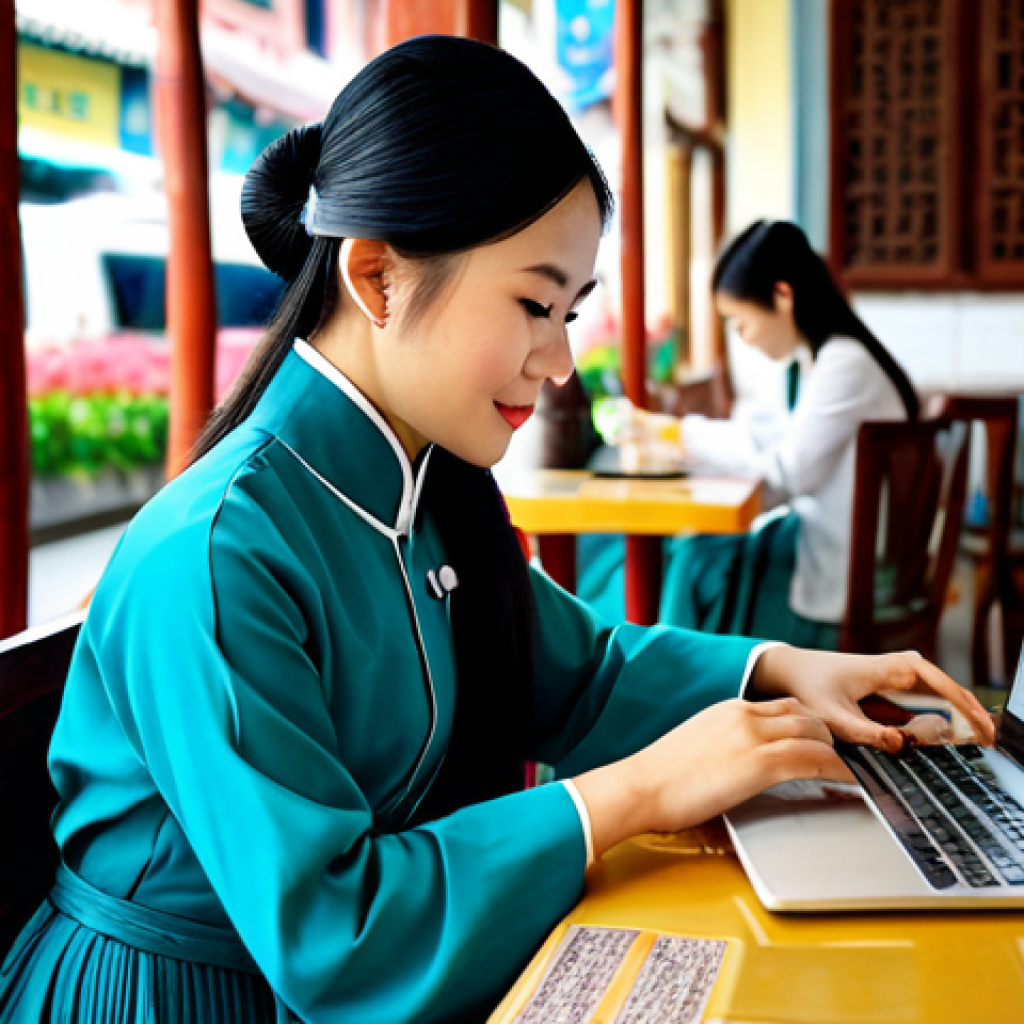 **
"A professional Vietnamese woman in a traditional Ao Dai, fully clothed in modest attire, working on a laptop at a bustling cafe in Hanoi, Vietnam. Safe for work, appropriate content, perfect anatomy, natural proportions, family-friendly, professional photograph."
**