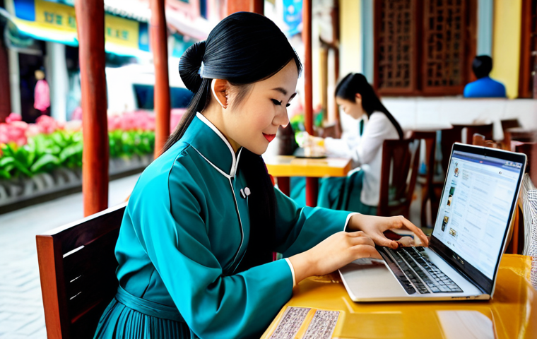 **
"A professional Vietnamese woman in a traditional Ao Dai, fully clothed in modest attire, working on a laptop at a bustling cafe in Hanoi, Vietnam. Safe for work, appropriate content, perfect anatomy, natural proportions, family-friendly, professional photograph."
**