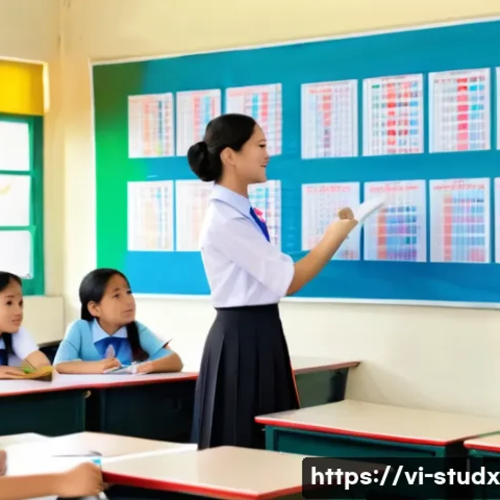 학습 진도 추적을 위한 데이터 시각화 기법 - A vibrant classroom scene in a Vietnamese school with a teacher presenting a colorful column chart o...