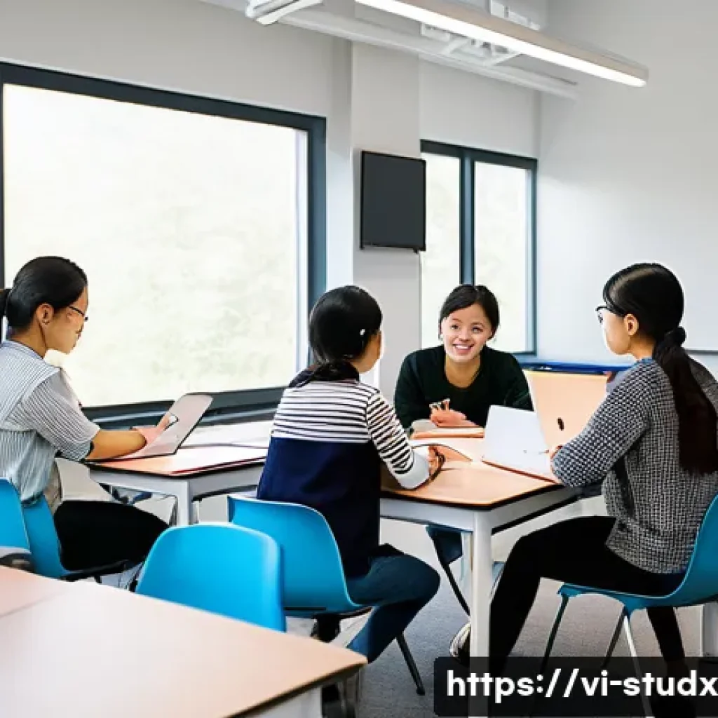 효과적인 학습 진도 추적을 위한 팀워크 전략 - A diverse Vietnamese student study group in a bright, modern classroom setting, collaborating around...