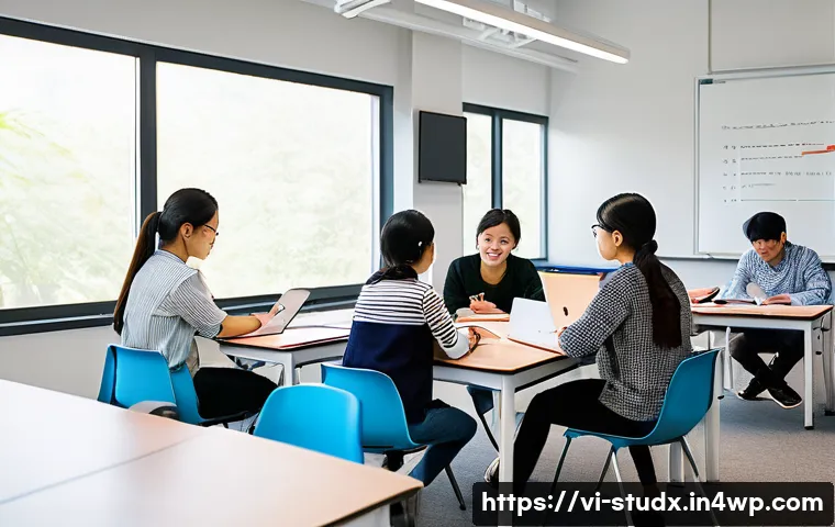효과적인 학습 진도 추적을 위한 팀워크 전략 - A diverse Vietnamese student study group in a bright, modern classroom setting, collaborating around...