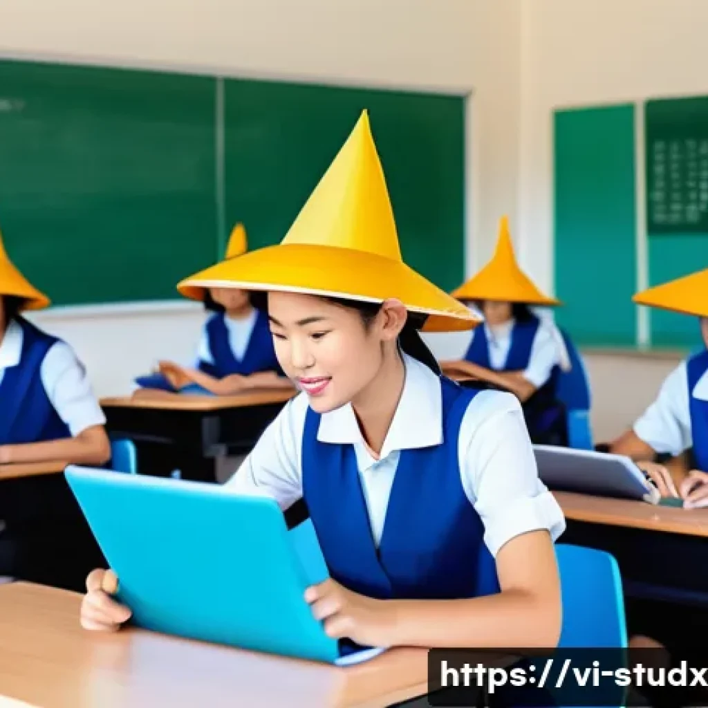 실제 학급에서의 진도 추적 시스템 운영 사례 - A modern Vietnamese classroom scene featuring a teacher using a laptop to manage student progress on...
