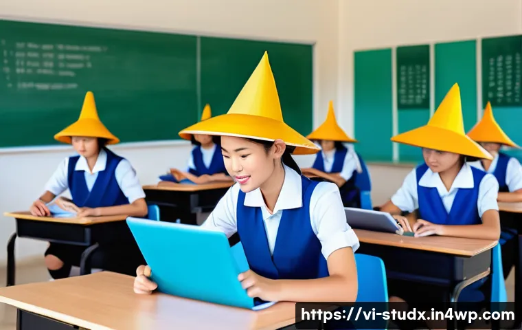 실제 학급에서의 진도 추적 시스템 운영 사례 - A modern Vietnamese classroom scene featuring a teacher using a laptop to manage student progress on...