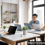 Home 22 학습 진도 추적 시스템 활용 사례 - A modern Vietnamese online learning environment showing diverse adult learners using laptops and sma...