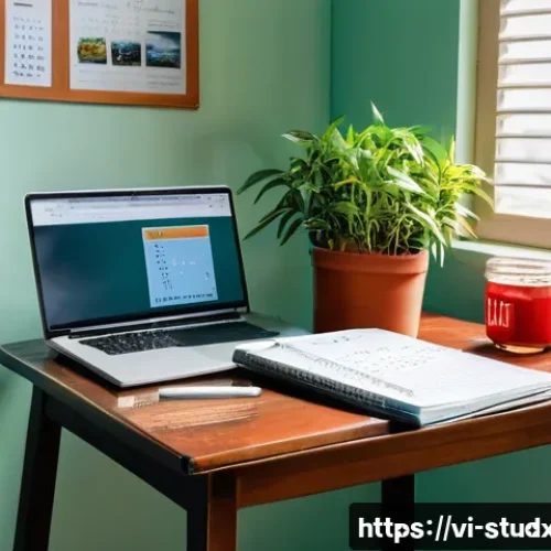 Home 33 효율적인 학습 진도 관리의 사례 연구 - A modern Vietnamese student’s study corner in a quiet, clean room with natural daylight streaming th...