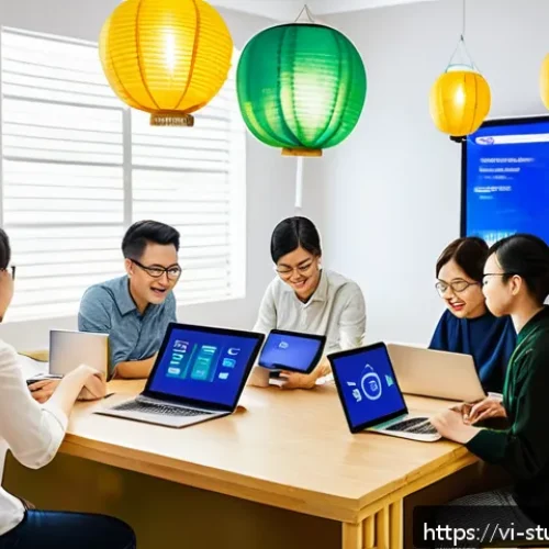 Home 32 학습 진도 추적 시스템의 ROI 분석 - A modern Vietnamese online classroom scene showing a diverse group of adult learners attentively eng...