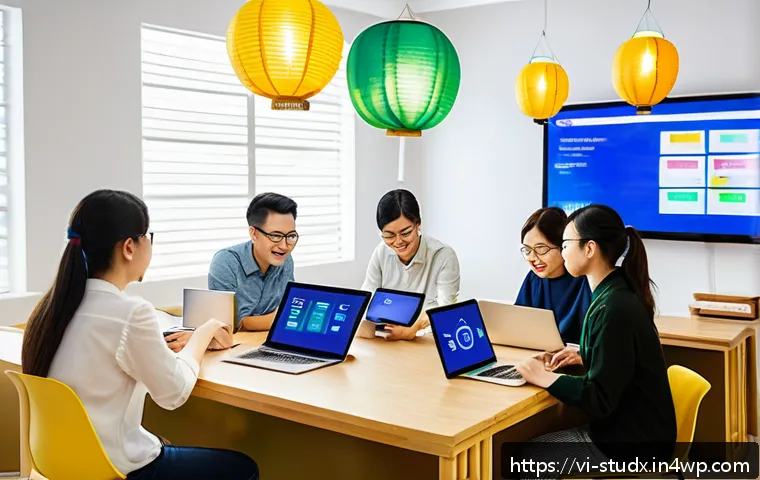 학습 진도 추적 시스템의 ROI 분석 - A modern Vietnamese online classroom scene showing a diverse group of adult learners attentively eng...
