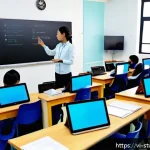 Home 19 학습 진도 추적의 중요성에 대한 연구 - A modern classroom scene in Vietnam featuring a diverse group of students attentively using laptops ...
