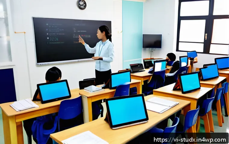 학습 진도 추적의 중요성에 대한 연구 - A modern classroom scene in Vietnam featuring a diverse group of students attentively using laptops ...