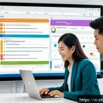 Home 23 진도 추적을 위한 데이터 수집 기법 - A modern office scene showing a diverse team of Vietnamese professionals collaborating around a larg...